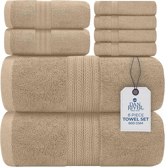 DAN RIVER 8 PC Luxury Bath Towels for Bathroom, 2 Bath, 2 Hand, and 4 Wash Cloths, 600 GSM 100% Ring Spun Cotton Towel Set, Highly Absorbent, Gym, Hotel, and Spa, Tan