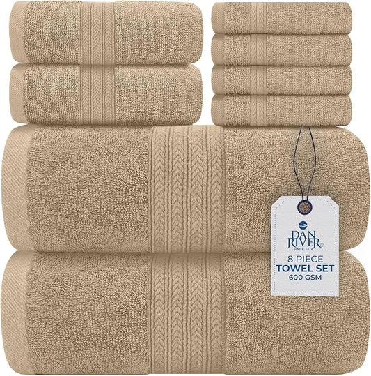 DAN RIVER 8 PC Luxury Bath Towels for Bathroom, 2 Bath, 2 Hand, and 4 Wash Cloths, 600 GSM 100% Ring Spun Cotton Towel Set, Highly Absorbent, Gym, Hotel, and Spa, Tan