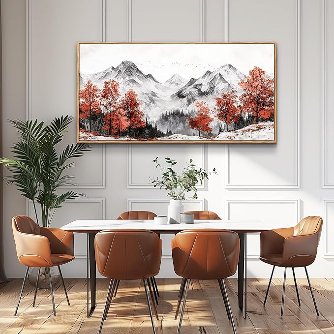 PHAOHUAXM Canvas Wall Art For Living Room Large Wall Decor For Bedroom Red Tree Ink-Wash Mountain Landscape Painting Wall Pictures Office Modern Restaurant Room Home Decoration Wood Framed 20"X40"