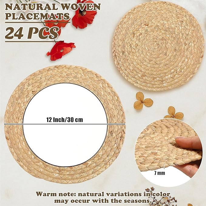 Set of 24 Round Woven Placemats 12-Inch Natural Water Hyacinth Plant Placemats Hand-Woven Boho Rattan Placemat Wicker Weave Table Mats for Home Dinner Plates Holiday Supplies