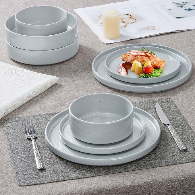 Herogo Stoneware Dinnerware Set with Salad Bowls, 8 Piece Plates and Pasta Cereal Bowls for 2, Kitchen Dinner Dish Set, Dishwasher & Microwave Safe, Speckled Light Gray