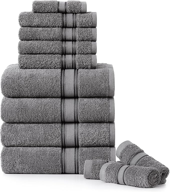 LANE LINEN Towel Set of 12 – 100% Ring-Spun Cotton, Zero Twist, 4 Large Bath Towel, 4 Hand Towels & 4 Wash Cloths, Quick Dry & Long-Lasting, Perfect for Family Bathrooms, Easy Care – Cool Grey
