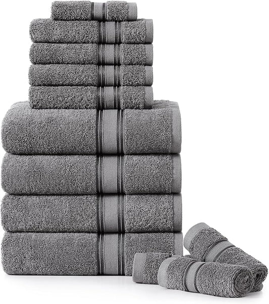 LANE LINEN Towel Set of 12 – 100% Ring-Spun Cotton, Zero Twist, 4 Large Bath Towel, 4 Hand Towels & 4 Wash Cloths, Quick Dry & Long-Lasting, Perfect for Family Bathrooms, Easy Care – Cool Grey