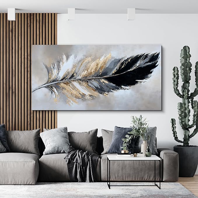 YISXINOAG Modern Canvas Wall Art Black and Gold Wall Decor Large Abstract Wall Art for Living Room Modern Home Decorations Abstract Art Prints Minimalist Feather Home Artwork Size 29"X58"