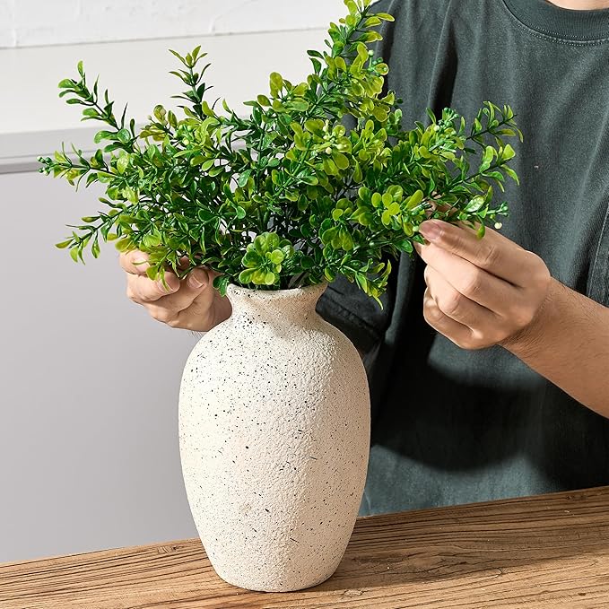 Ceramic Rustic Flower Vase, 8.38 Inch Vintage Pottery Home Decor, Antique Farmhouse Terracotta Vase for Living Room, Table, Shelf, Mantel Decoration, Farmhouse - Off-White