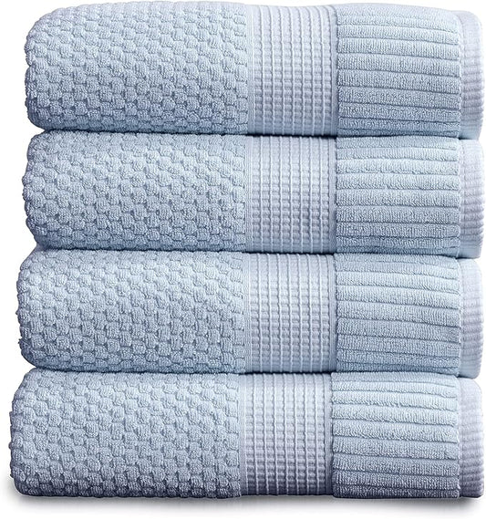 NY Loft 100% Cotton Bath Towel 4 Pack | Super Soft & Absorbent Quick-Dry Bath Towels 30" x 52" |Textured and Durable Cotton | Trinity Collection (4 Pack Bath Towel, Chambray Blue)
