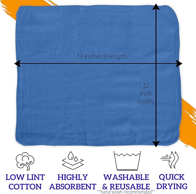 GREEN LIFESTYLE Blue Shop Towels 12x14, 600 Pack, 100% Cotton Super Absorbent & Durable Shop Rags, Reusable Shop Rags Bulk, Multipurpose Cleaning Towels for Automobiles, Industries, Garage and Home