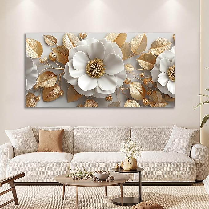 Tarfupth Floral Canvas Wall Art for Living Room Gold and White Flowers Large Botanical Artwork for Bedroom Office Home Decor Canvas Prints 24"x48"