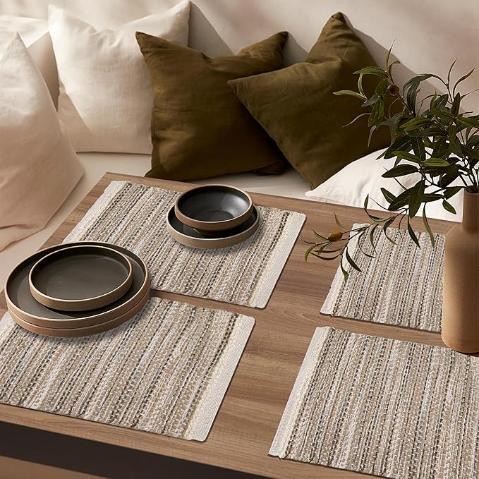 Hausattire Woven Table Placemats Set of 4 - Olive Green Christmas Jute Outdoor Table Mats for Kitchen Dining Decoration |Heat Resistant Farmhouse Dinner Placemat for Thanksgiving Decor |13x19 Inch