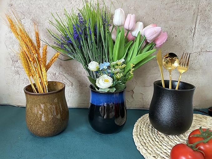 Medium Ceramic Kitchen Utensil Holder for Kitchen Counter Short Cooking Utensil Holder for Countertop Spatula Holder Small Utensil Crock Cutlery Holder Silverware Caddy Flower Vase (Retro Sapphire)