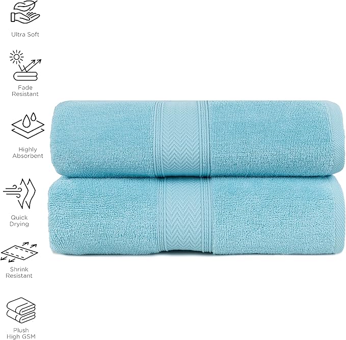 HILLFAIR 600 GSM- 40 x 80 Inches- 100% Cotton 2 Pc XXL Oversized Bath Towel Set- Soft Highly Absorbent Jumbo Bath Sheets Towels Sets- Quick Dry Oversized Bath Towel Sets For Hotel Spa Pool- OCEAN BLUE