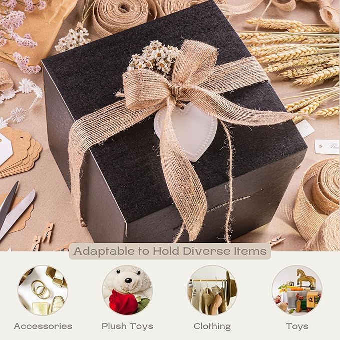 Pack of 10 Gift Boxes for Presents (7.87 x 7.87 x 7.08 inch) - Ideal for Christmas, Wedding and Graduation - Black Silk