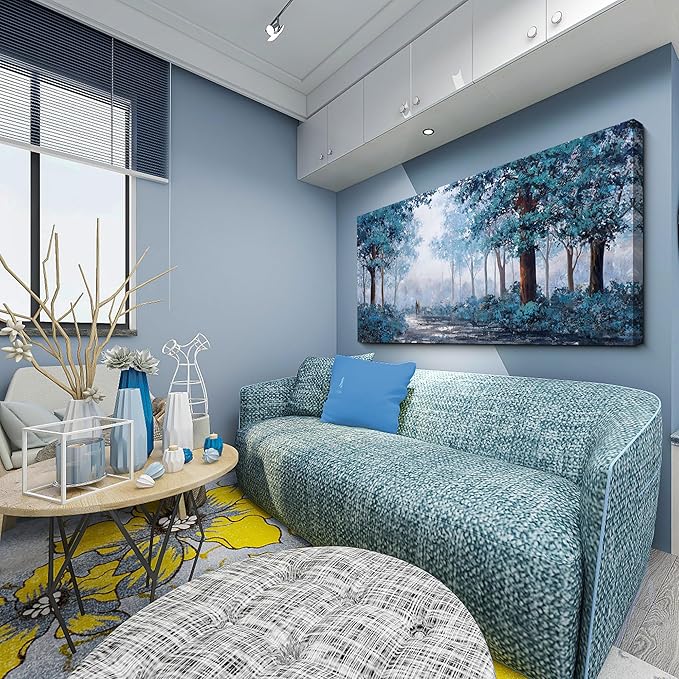 KLAKLA Bedroom Art - Canvas Tree Wall Art for Bedroom Office Home Decor - Blue Picture Artwork for Wall - Blue Leaves Plant Forest Wall Decor