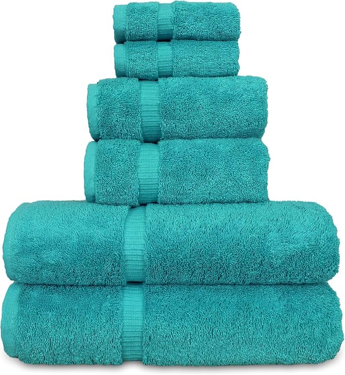 Luxury Hotel & Spa Quality, Quick Dry 100% Turkish Cotton, 700 GSM, Eco Friendly Towel, Bathroom and Kitchen Dobby Border Towels, 2-Bath Towel, 2-Hand Towel, 2-Washcloth (Bundle Set of 6, Aqua Blue)