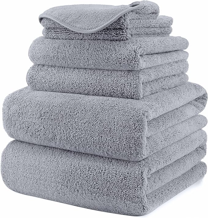 POLYTE Oversize, 60 x 30 in., Quick Dry Lint Free Microfiber Bath Towel Set, 6 Piece (Gray)