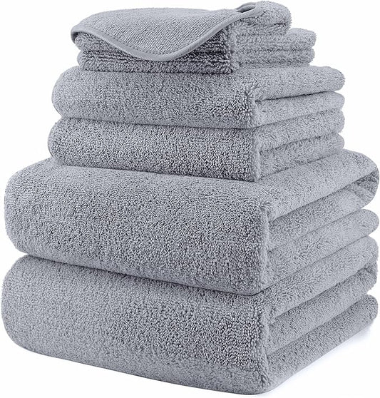 POLYTE Oversize, 60 x 30 in., Quick Dry Lint Free Microfiber Bath Towel Set, 6 Piece (Gray)