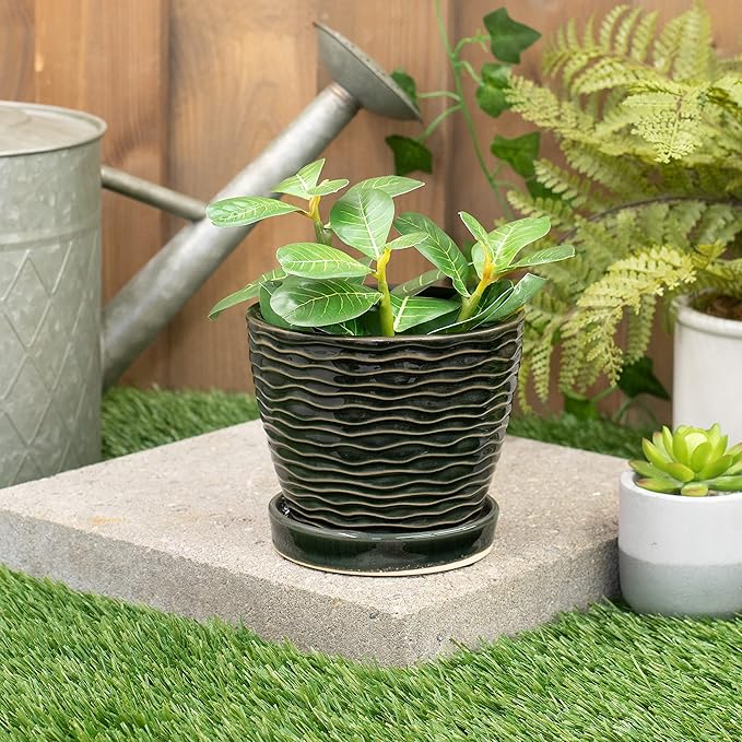 Napco Waves Pattern 4.5 Inch Black and White Ceramic Flower Pot Planter with Saucer