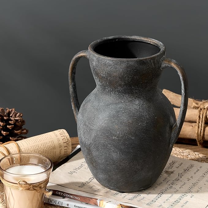 Antique Ceramic Rustic Vase with 2 Handles, Farmhouse Round Flower Vase, Vintage Terracotta Vases for Home Decor, Wedding, Living Room, Table, Shelf Decor - 8.6 Inch Tall, Black Bronze