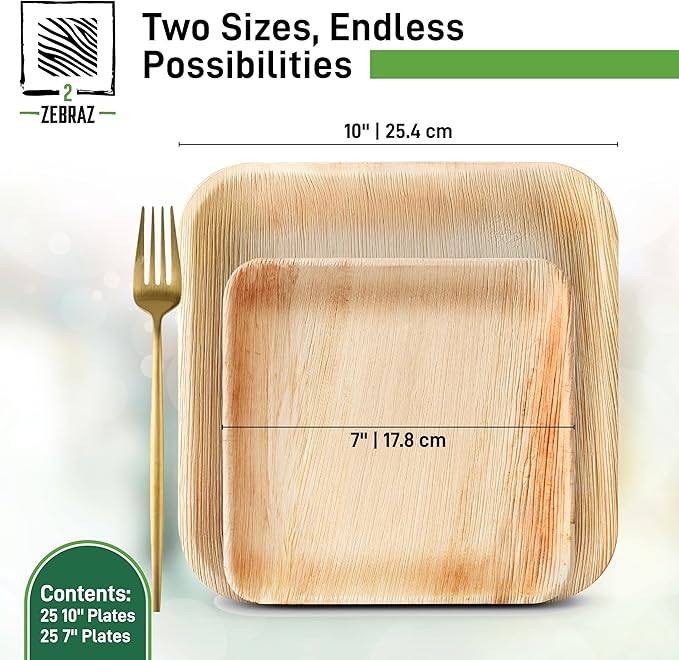 Premium Palm Leaf Disposable Plates – 50pc Square Set: 25pc 10” and 25pc 7”, Heavy-Duty, Microwave Safe, Natural Alternative to Plastic, Ideal for Parties, Weddings, Events, and Everyday Use