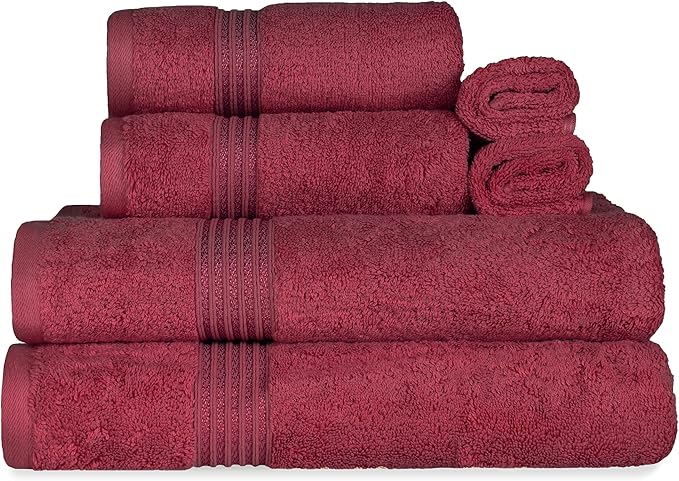 Superior Egyptian Cotton 6-Piece Towel Set, Bathroom Essentials, Towels For Bathroom, Apartment, Airbnb, Guest Bath, Face, Hand, Bath Towels, Washcloths, Absorbent, Fast Drying, Burgundy