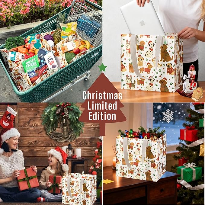 VENO 4 Pack Christmas Reusable Grocery Bags, Heavy-Duty Shopping Bags with Handles, for Shopping Cart with Hard Bottom to Stand Upright, Foldable (Holiday Pups, 4 Pack)