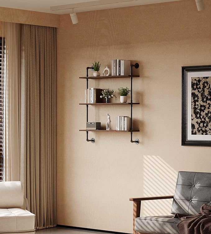 3-Tier Industrial Pipe Floating Shelf – Rustic 30 inch Wood Wall-Mounted Storage Shelf for Kitchen Office,Bathroom & Home Decor -Walnut