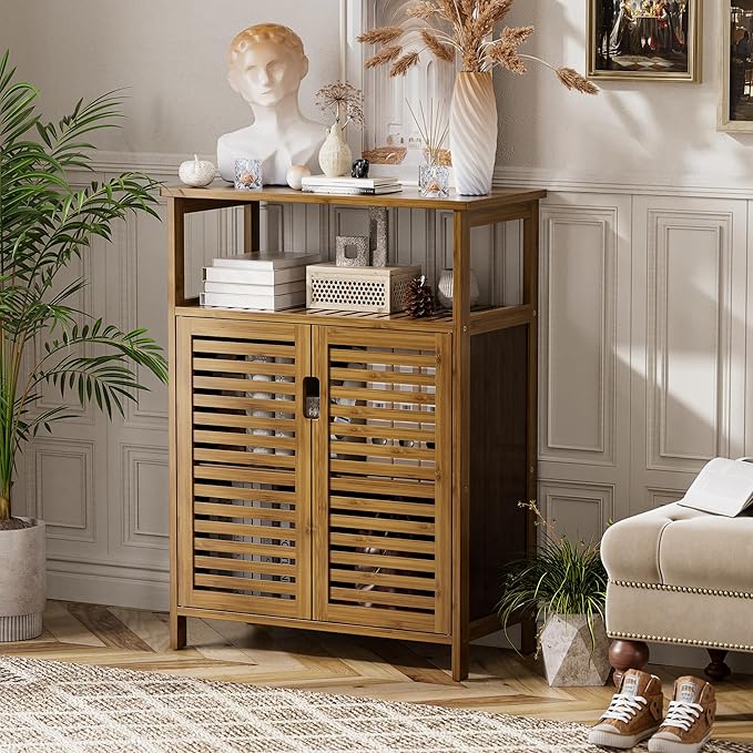 HITNET Walnut Bathroom Floor Cabinet, Bamboo Side Tall Storage Organizer, Freestanding Kitchen Cupboard with Door and Shelf