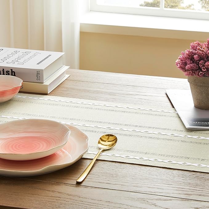 Hemstitched Farmhouse Table Runner, Beige 13x108 Inch, Cotton Linen Table Runners 108 Inches Long, Embroidered Striped Beige Boho Table Runner Rustic Home Decor