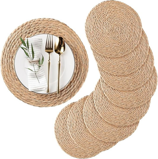 Round Woven Placemats Set of 10, Natural Water Hyacinth Place mats, 12 inch Rattan Placemat Wicker Placemats Farmhouse Boho Braided Heat Resistant Outdoor Placemat Patio Table Place Mat