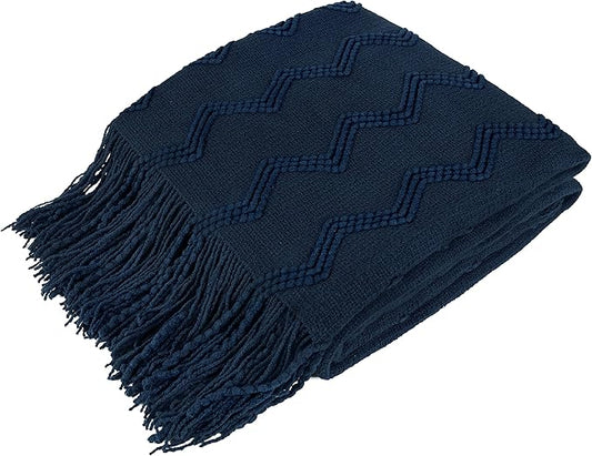 PAVILIA Navy Blue Knit Throw Blanket for Couch Bed, Soft Knitted Farmhouse Sofa Throw for Living Room, Lightweight Decorative Summer Throw Blanket for Chair, Outdoor Textured Boho Blanket, 50x60