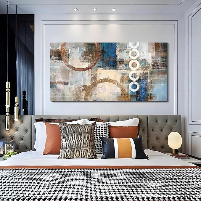 yiijeah Geometric Wall Art - Yellow and Blue Wall art for Living Room - Framed Picture Artwork & 48x24 Inches Large Painting Modern Home Decor