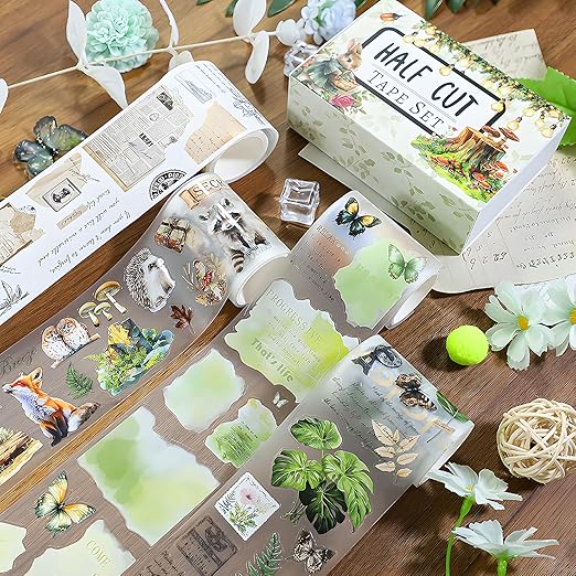 Snycler Pre-Cut Green Magic Themed PET Washi Tapes - Vintage Aesthetic Tape Stickers for Journaling, Scrapbooking, Junk Journals, Crafts, Planners - 4 Rolls