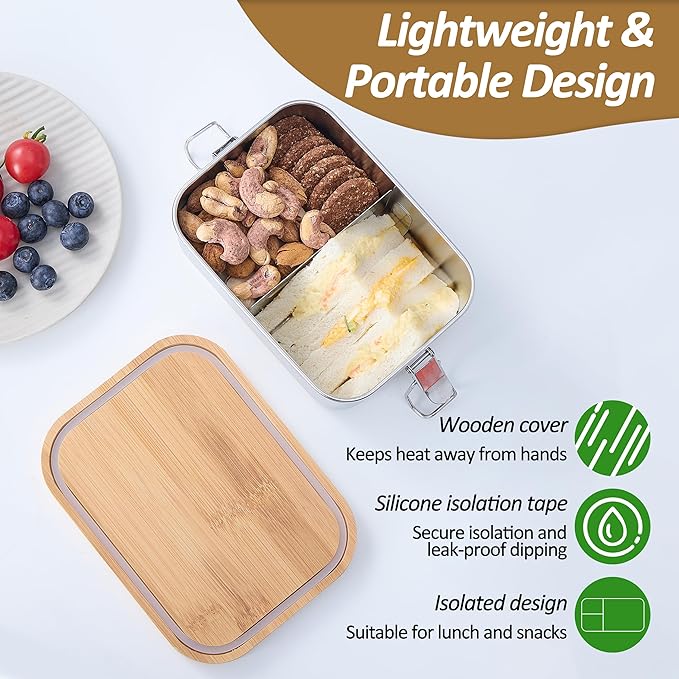 FATEM Bento box in 304 stainless steel. Metal Lunch Boxes with Eco-Friendly Bamboo Lid, Anti-Leak Locking Clips and a Removable Divider.