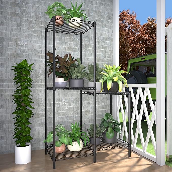 Xiofio 5-Tier Plant Stand for Indoor Outdoor, Reinforced Plant Shelf for Multiple Plants Plant Rack ,Adjustable Plant Stand Suitable for Bedroom Living Room Balcony Garden,Black