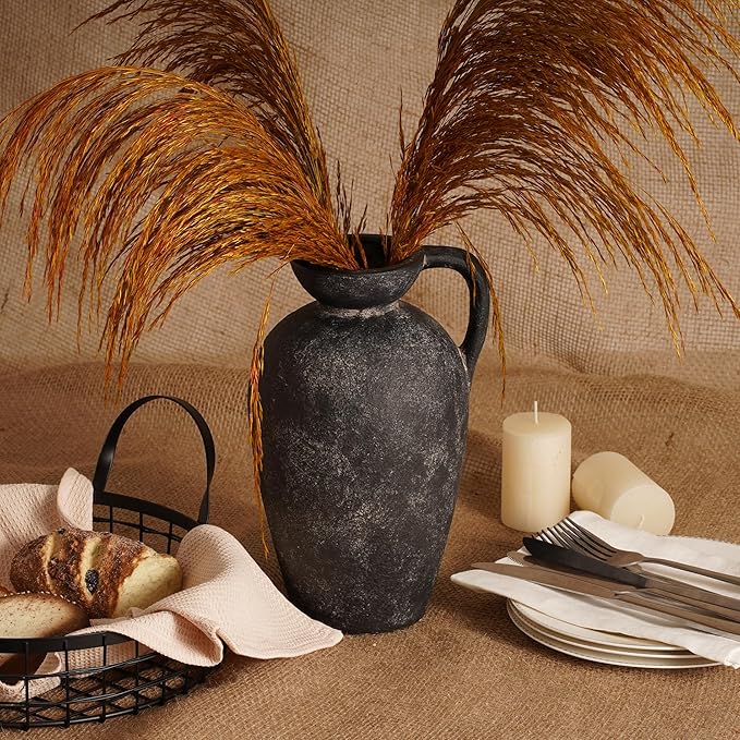 Terracotta Vase with Handle, Black Boho Ceramic Pottery 10inch, Farmhouse Unique Textured Round Jug, Rustic Vintage Decorative Vases for Flowers, Centerpieces, Living Room.