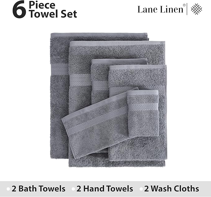 Lane Linen 100% Cotton Luxury Bathroom Towel Set - 6 Pcs - RingSpun, QuickDry, Very Soft & Highly Absorbent - 2 Large Bath Towels, 2 Washcloths, 2 Hand Towels - Pre Shrunk & Fade Resistant - Cool Grey