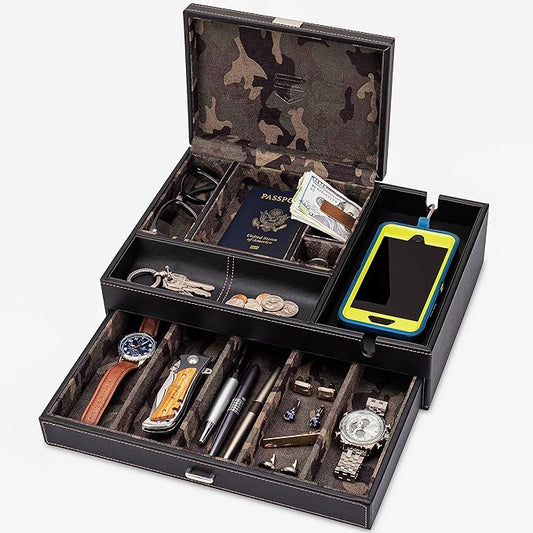 HOUNDSBAY Admiral Dresser Valet Box, Camo Gifts for Men, Mens Jewelry Box Organizer, Watch Box Organizer for Men