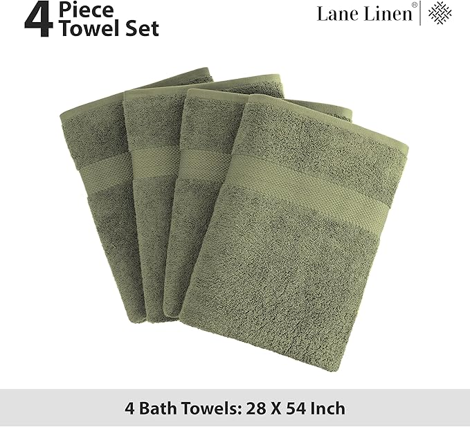 Lane Linen 100% Cotton 4 Pack Bath Towels (28"x54") - Ring Spun Mercerized Cotton Bathroom Towels Set - Quick Dry, Highly Soft & Absorbent Large Bath Towels - Tumble Dry Regains Fluffiness - Oil Green