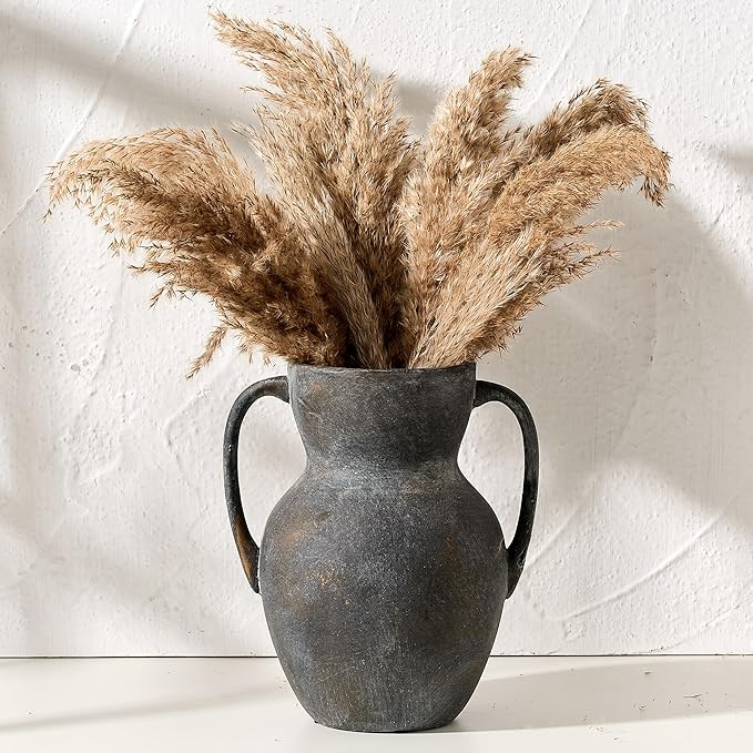 Antique Ceramic Rustic Vase with 2 Handles, Farmhouse Round Flower Vase, Vintage Terracotta Vases for Home Decor, Wedding, Living Room, Table, Shelf Decor - 8.6 Inch Tall, Black Bronze