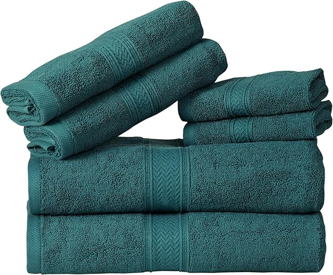 HILLFAIR Premium 600 GSM 6 Piece Set - 2 Bath Towels, 2 Hand Towels & 2 Washcloths - Teal Cotton, Machine Washable, Hotel Quality, Super Soft & Highly Absorbent