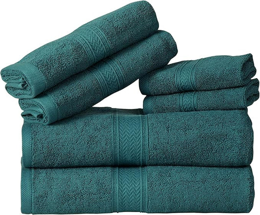 HILLFAIR Premium 600 GSM 6 Piece Set - 2 Bath Towels, 2 Hand Towels & 2 Washcloths - Teal Cotton, Machine Washable, Hotel Quality, Super Soft & Highly Absorbent
