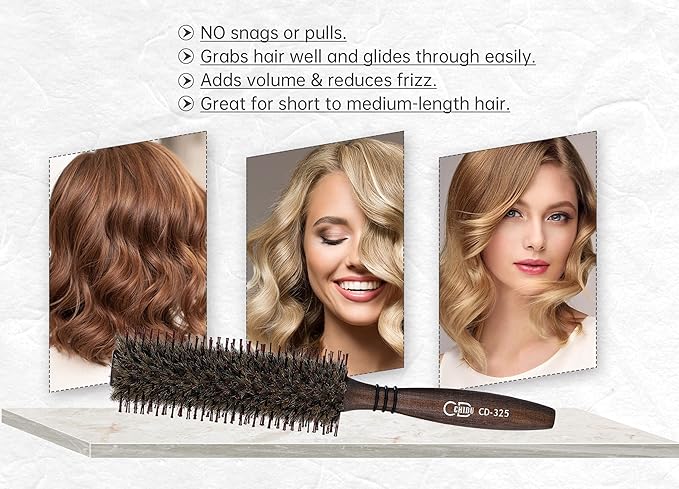 PERFEHAIR Round Boar & Nylon Bristle Hair Brush - 1.9 Inch, Small Styling Smooth, Shine Hairbrush for Blow Drying, Curling Men's and Women's Short, Medium, Thin, Fine Hair, Natural Wooden Handle