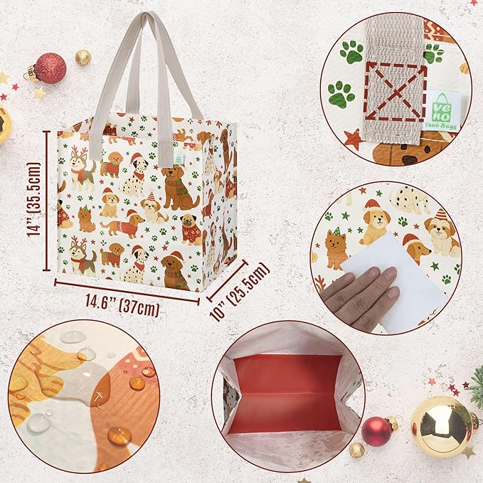 VENO 4 Pack Christmas Reusable Grocery Bags, Heavy-Duty Shopping Bags with Handles, for Shopping Cart with Hard Bottom to Stand Upright, Foldable (Holiday Pups, 4 Pack)