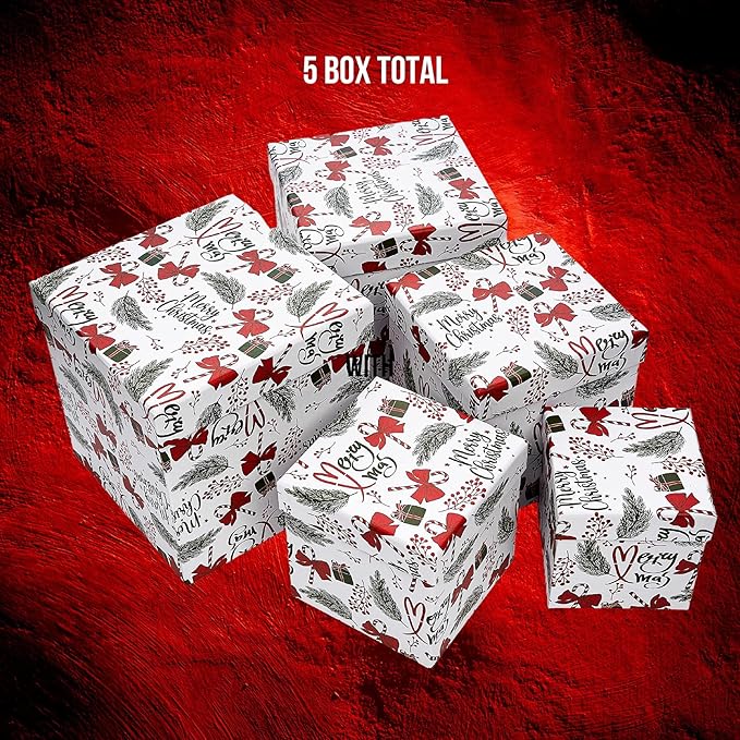 UNIQOOO 5PCS Christmas Nesting Gift Boxes with Lid, Nested Box Set, 5 Sizes, Square Stackable, Red White Green, Xmas Berry Candy Cane Paper Box Tower Décor, Holiday Thanksgiving New Year Packaging