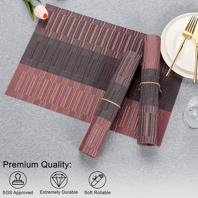 Placemats Set of 6, Vinyl Woven Place Mats Indoor Set of 6 Washable Wipeable PVC Table Mats Heat-Resistant Non Slip Plastic Placemat for Kitchen Dining Outdoor Table (Purple Red, Set of 6)