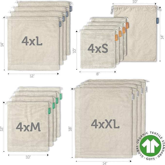 17 Reusable Cotton Mesh Produce Bags - 100% Organic Cotton, Durable, Double Stitched, Washable with Tare Weight & Drawstring - Mesh Bags for Grocery Shopping, Vegetables & Fruits, produce bgs 4 sizes