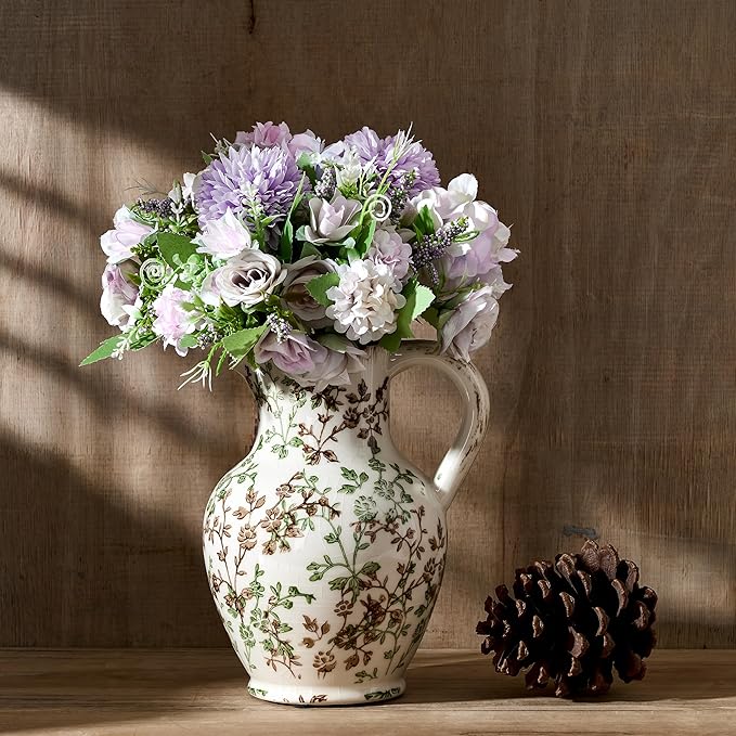 SIDUCAL Ceramic Vase with Handle, Vintage Vase, Chinoiserie Floral Vase for Home Decor, Table, Living Room, Shelf, Christmas Decoration (Green and Beige)