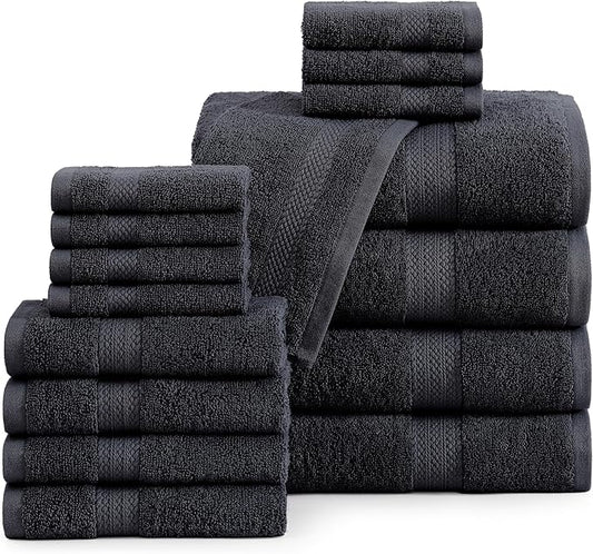 LANE LINEN 100% Cotton Luxury Towel Set for Bathroom - 16 Pieces, Ring Spun - Super Plush, Very Soft & Absorbent - 4 Bath Towels, 8 Washcloths, 4 Hand Towels - Suitable for All Skin Types - Black