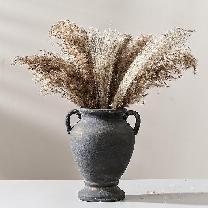 Ceramic Rustic Flower Vase with Handles, 8.36 Inch Tall Vintage Pottery Home Decor, Farmhouse Terracotta Vase for Living Room, Table, Shelf, Mantel Decoration, Farmhouse- Black