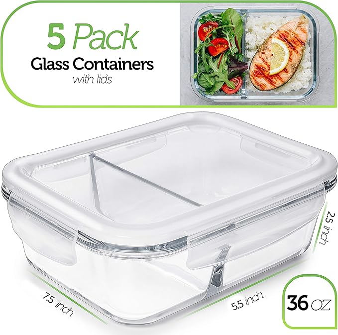 Prep Naturals 36oz Glass Meal Prep Containers - Airtight Glass Food Storage Containers with Lids - Dishwasher, Microwave & Oven Safe Meal Prep Bowls - Pack of 5, 36 Oz, 2-Compartment, Clear